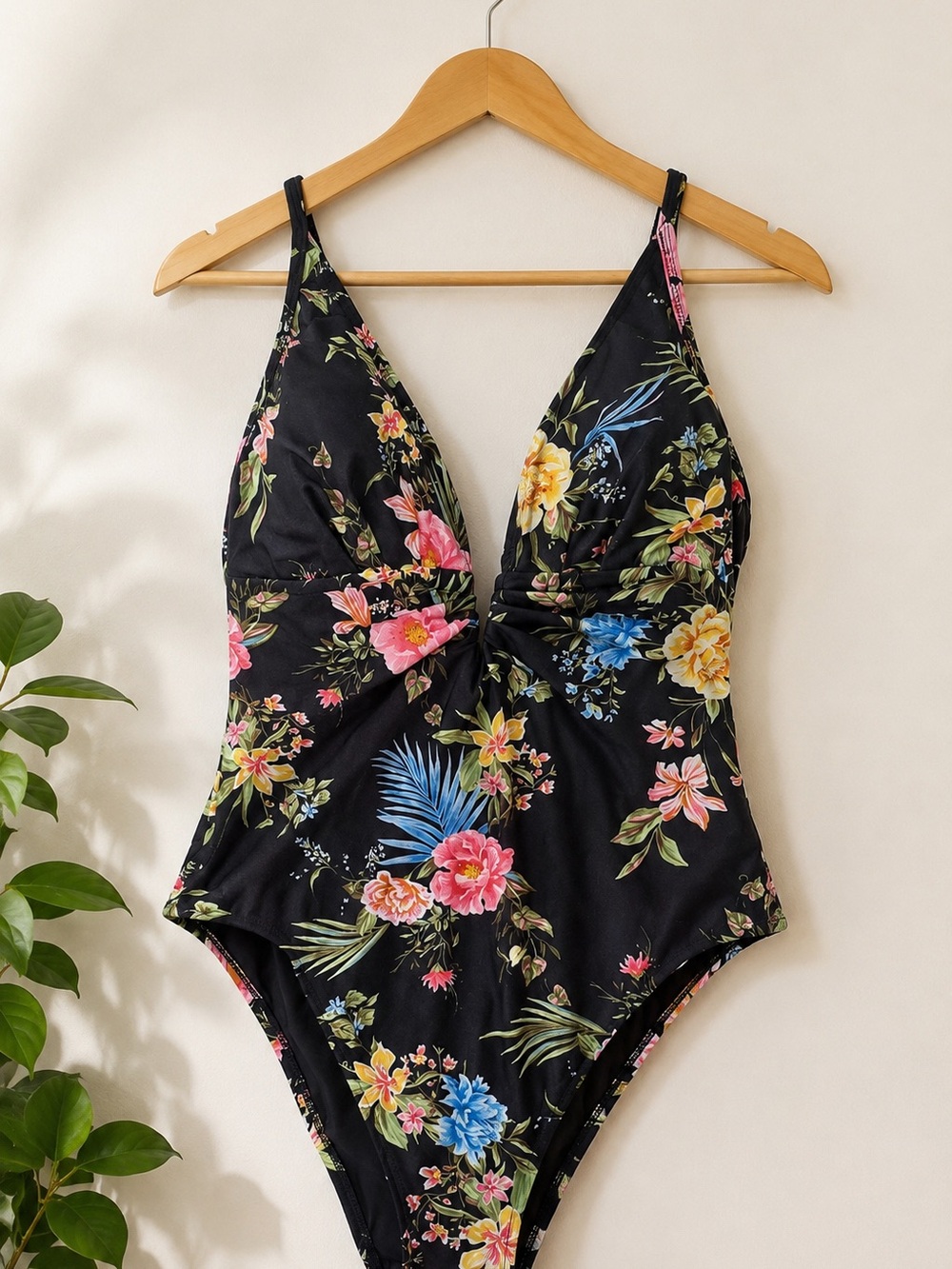 Shade & Shore Black Floral One-Piece Swimsuit with Pink, Yellow & Blue Blooms